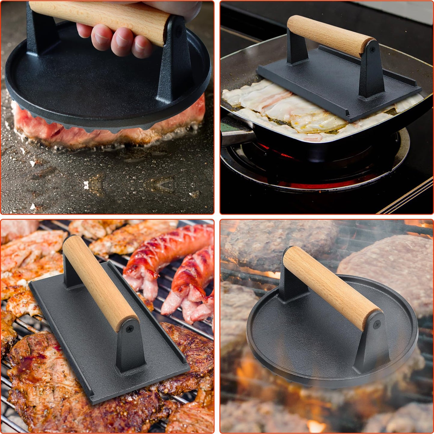 Smash Burger Press, Heavy-Duty Cast Iron Meat Press Hamburger Press with Heat Resistant Wooden Handle Hamburger Patty Maker Grill Bacon Sandwich Press Kit, 7" Round & 8.2"X4.3" Rectangle