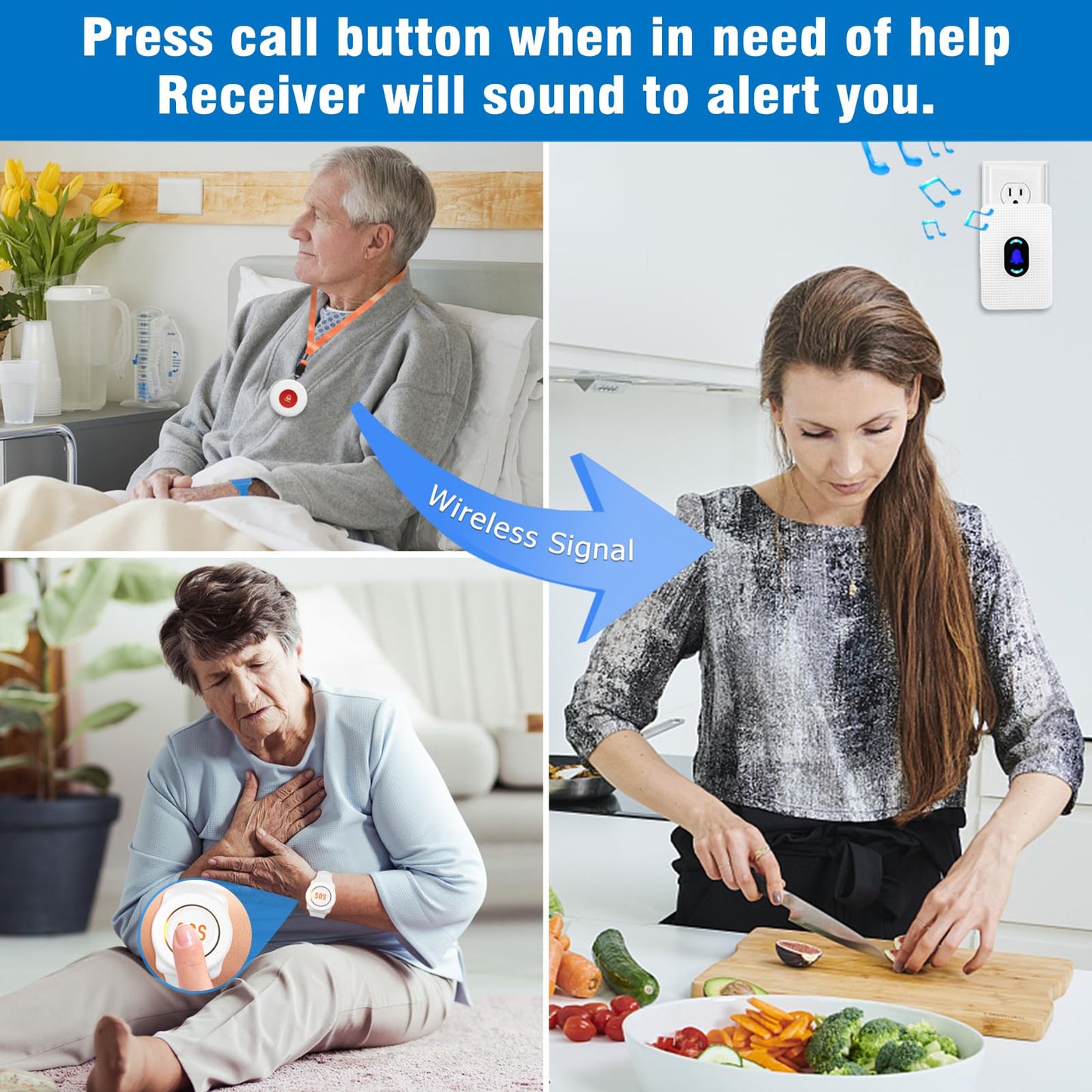 Daytech Caregiver Pager Wireless Senior Alarm Call Button Emergency Panic Button Call Bell Alert System for Elderly/Pregnant/Disabled, 3 Receivers + 4 Transmitters