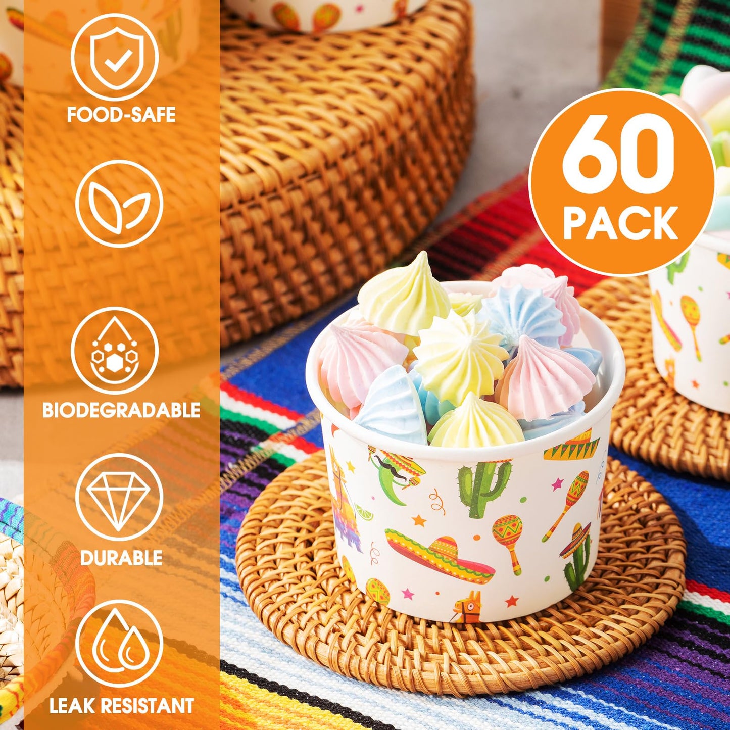 Sabary 60 Pieces Fiesta Ice Cream Cups 9 oz Disposable Dessert Bowls Paper Soup Bowls Mexican Snack Cups for Hot or Cold Food for Cinco De Mayo Mexican Birthday Party Decorations(Cactus)