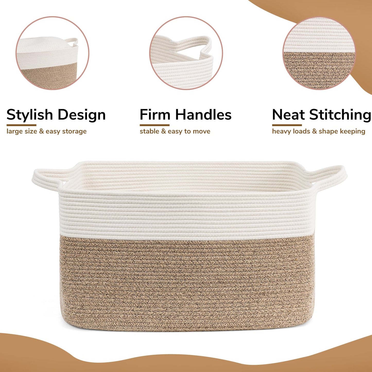 Goodpick Large Storage Basket 21.6" x 14.9" x 11.8", Blanket Baskets for Living Room, Woven Rope Storage Basket for Toys, Towels, Rectangle Laundry Dirty Clothes Baskets for Nursery, Mix Brown