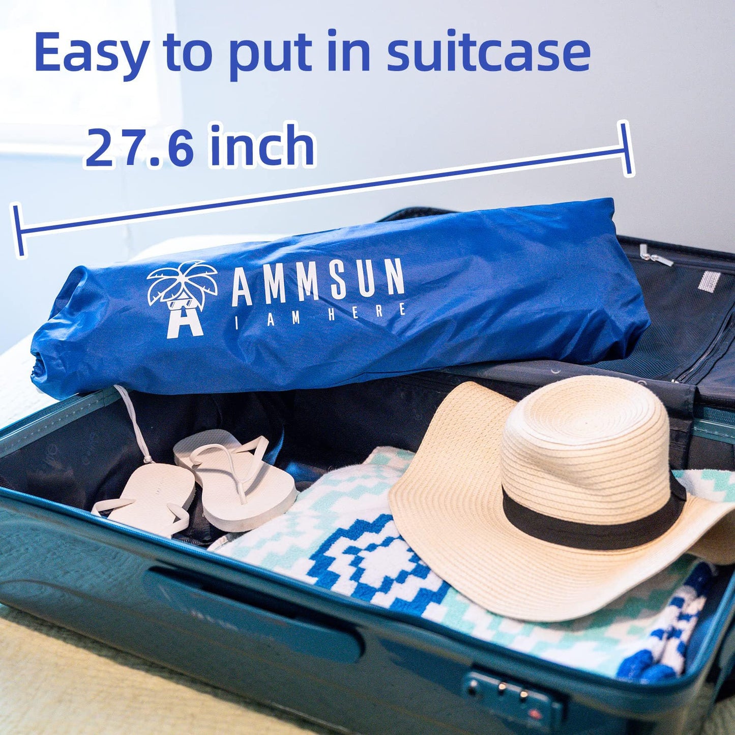 AMMSUN 6.5ft Folded Portable travel Beach Umbrella with Sand anchor Air-vent Tilt UPF 50+ Protection Fits in Suitcase Compact Foldable beach umbrella for Beach Garden Pool Blue
