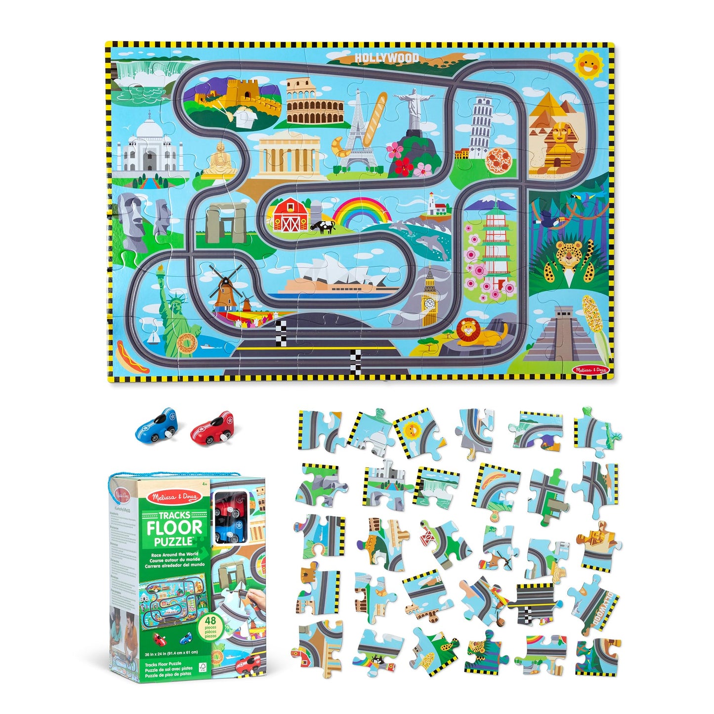 Melissa & Doug Race Around the World Tracks Cardboard Jigsaw Floor Puzzle and Wind-Up Vehicles (48 Pcs) for Preschoolers and Kids Ages 4+ - FSC Certified