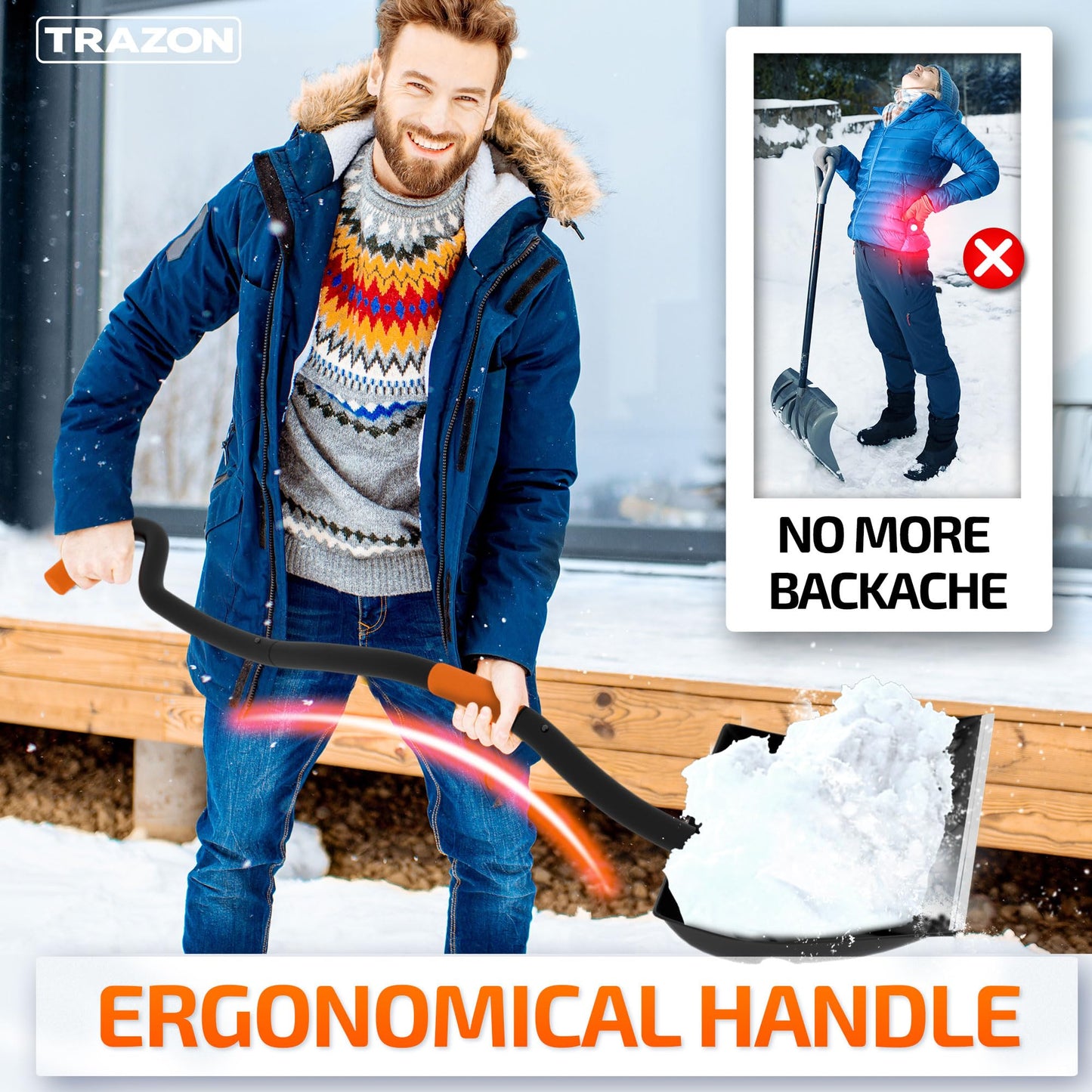 Snow Shovel Heavy Duty for Driveway with Ergonomic Handle to Use Without Backpain for Home Garage Car - Snow Shovel with 18 Inch Blade Large Capacity and 150 Inch Long Ergonomic Handle (Black)