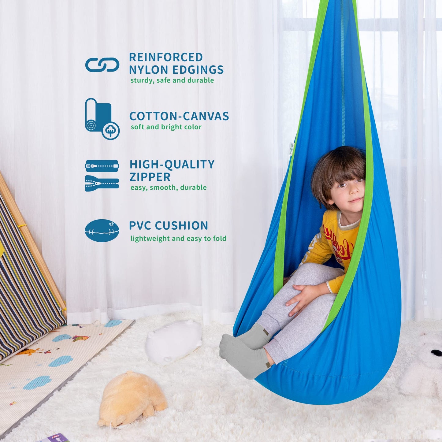 OUTREE Kids Pod Swing Seat, Cotton Child Hammock Swing Chair,Sensory Swing for Indoor and Outdoor Use,Blue