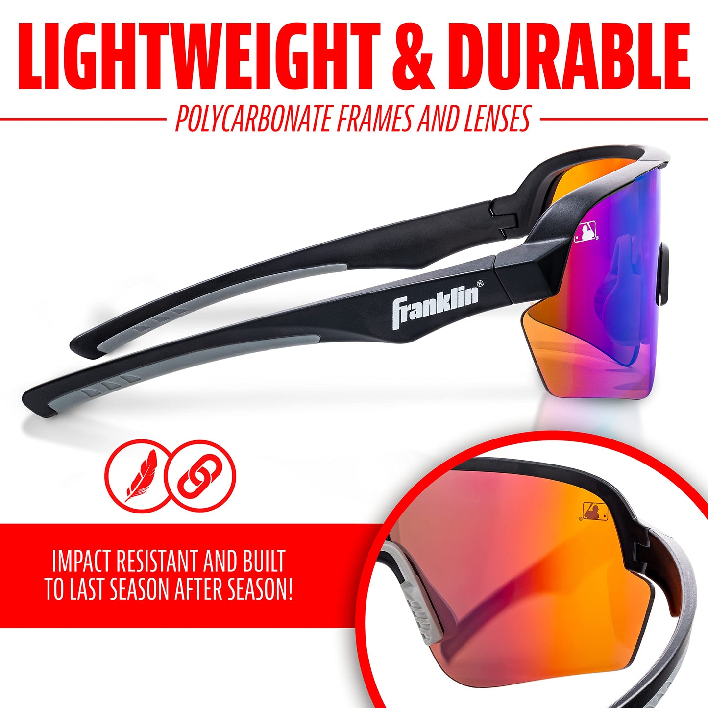 Franklin Sports Non Flip Round MLB Deluxe Pro Sunglasses, Black/Multi, One Size