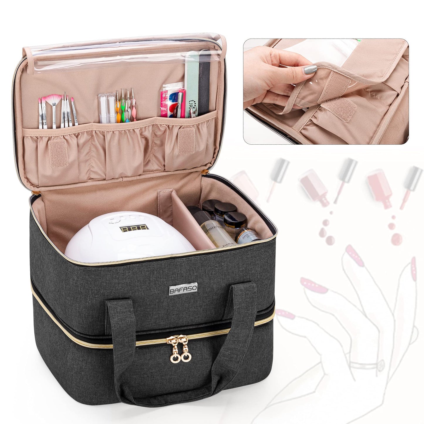 BAFASO Nail Polish Organizer Holds 40 Bottles (15ml - 0.5 fl.oz) and a UV Nail Lamp, Double Layers Nail Polish Case with Manicure Tools Storage Sections (Bag Only), Black, Patented