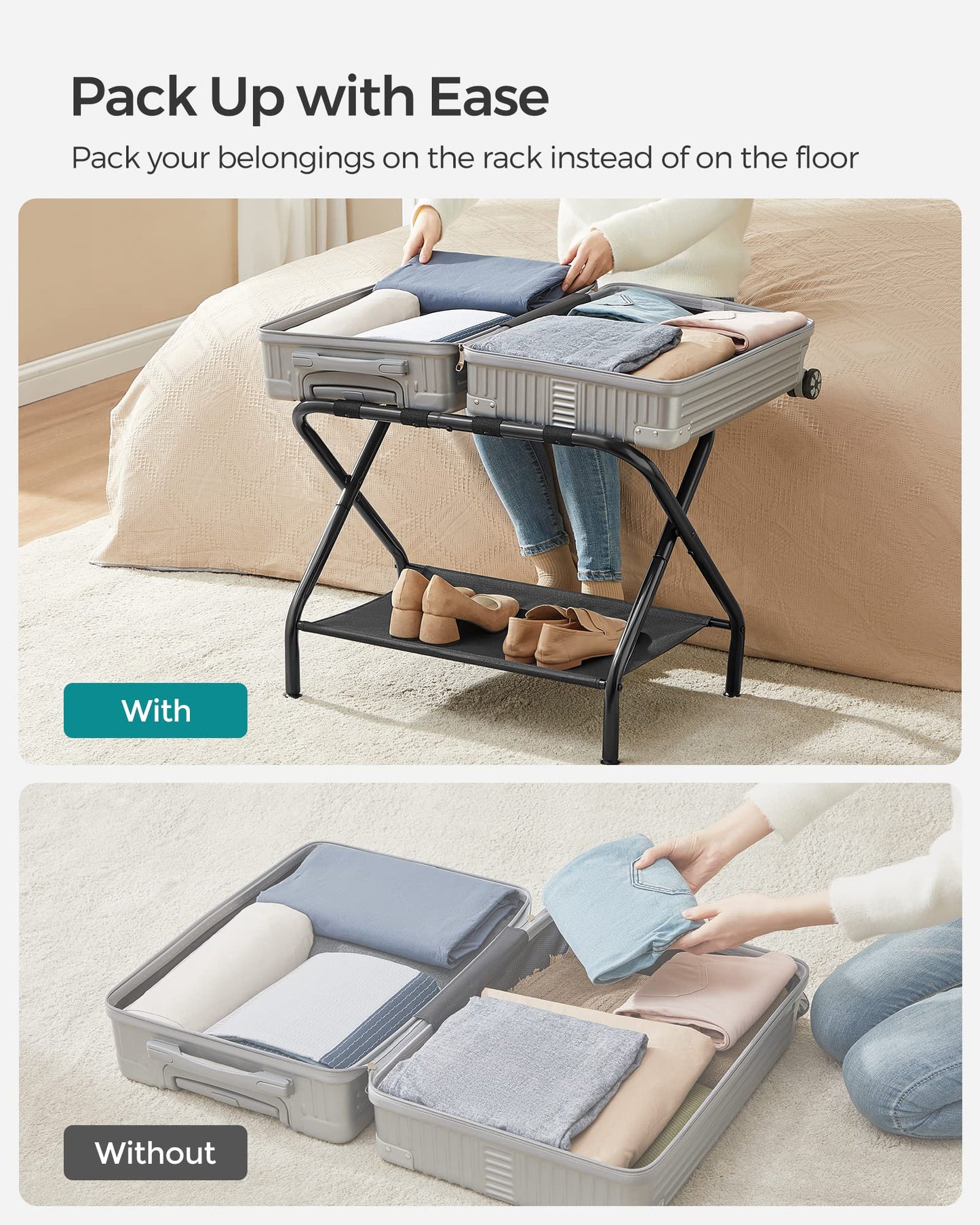 SONGMICS Luggage Racks, Set of 2, Suitcase Stand with Fabric Storage Shelf, for Guest Room, Bedroom, Hotel, Foldable, Holds up to 50 kg, 69 x 38 x 52 cm, Black URLR002B02