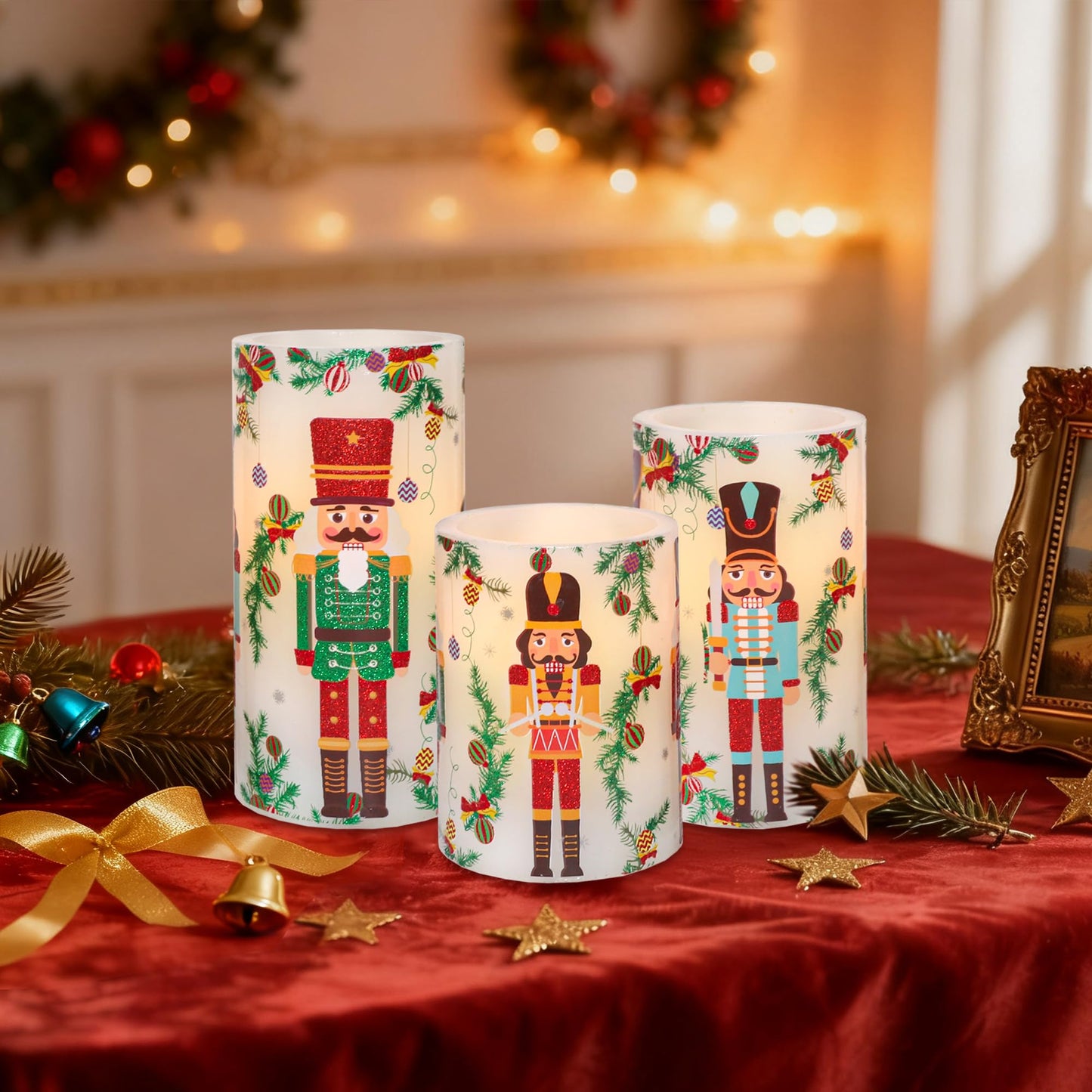 Crystal Club Christmas Flameless Candles Battery Operated, Holiday Nutcracker LED Candles with Remote, Realistic Pillar Candles for Xmas Tree, Mantel, Home Decor, Set of 3