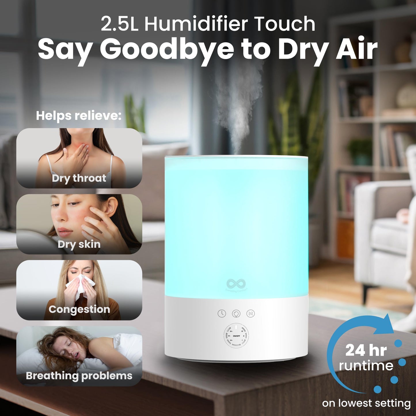 Everlasting Comfort 2.5L Top Fill Humidifiers for Bedroom - Quiet Easy to Fill & Clean, 24HR Runtime, Night Lights, Timer, Corded Cool Mist Humidifier, Auto Shut-Off, Essential Oil Diffuser