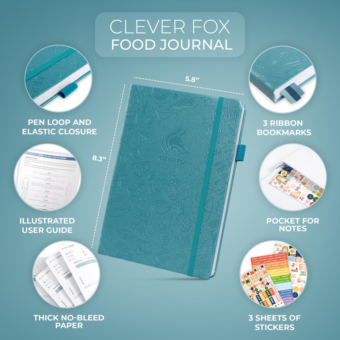 Clever Fox Food Journal - Daily Food Diary, Meal Planner to Track Calorie and Nutrient Intake, Stick to a Healthy Diet & Achieve Weight Loss Goals - Aquamarine