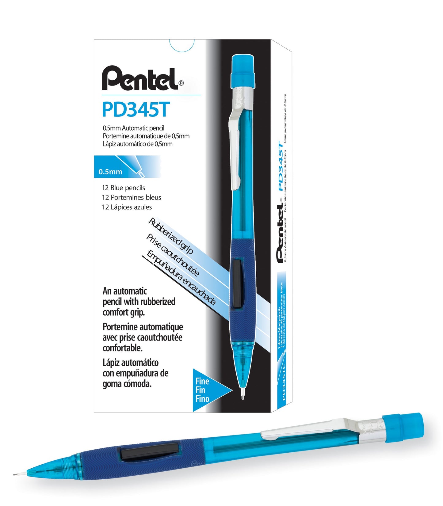 Pentel Quicker Clicker Automatic Pencil, 0.5mm Lead Size, Transparent Blue Barrel, Box of 12 (PD345T-C)