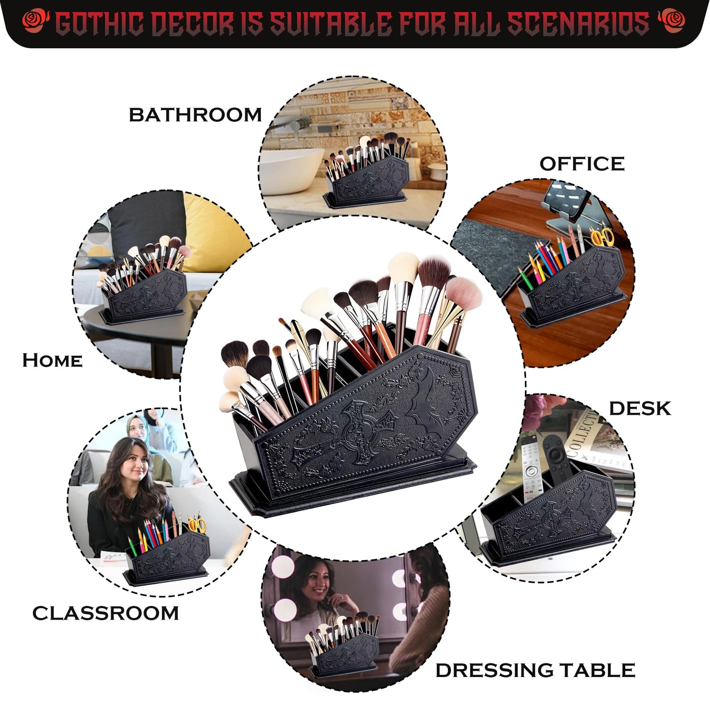 Coffin Decor Makeup Brush Holder,Spooky Witchy Gifts for Women,Skull Cosmetic Display Cases,Goth Decor Pen Holder, Vanity, Desk, Office Organizer for Bedroom Bathroom