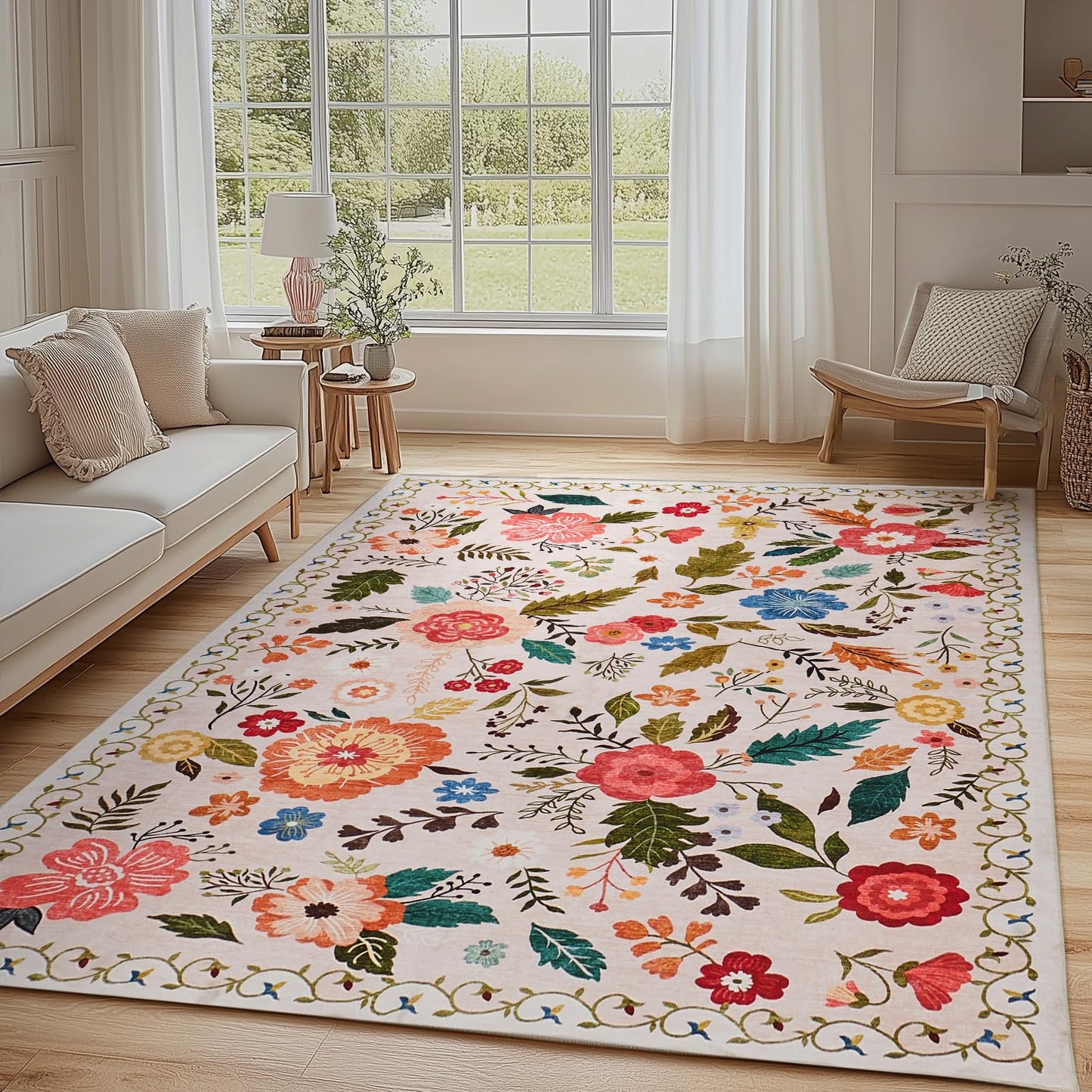 Area Rugs 5x7 for Living Room, Ultra Thin Floral Rug for Bedrooms Shag Non-Slip Soft Washable Indoor, Carpet Boho Low-Pile for Nursery, ‎Dining Room, Office, Farmhouse(Beige with Pink)