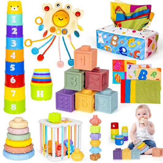 6 in 1 Montessori Toy for Baby Stacking Building Block Soft Infant Ring Shape Learning Sensory Bin Pull String Teething Toy Magic Tissue Box for Toddlers 18M+ 2 3 Year Old Boy Girl Gift