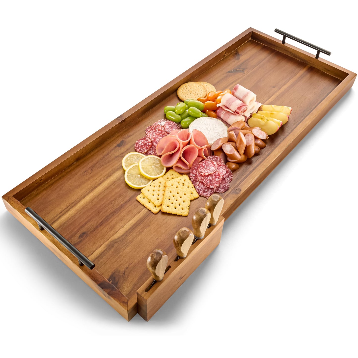 TIDITA Acacia 30 Inch Large Charcuterie Boards for Party with Cheese Knife Set of 4 – Acacia Wood Serving Tray with Handles, Long Charcuterie Board, Wooden Cheese Board
