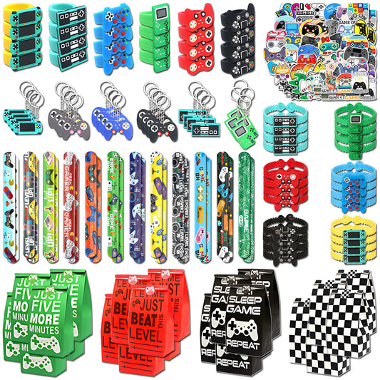 24 sets of Video Game Party Favors, 220 Pcs Gamer party Favors - Gaming Birthday Goodie Bags Included Gift Bags, Game Keychain, Slap Bracelet, Stickers, Ring, Hand Strap for Gaming Kids