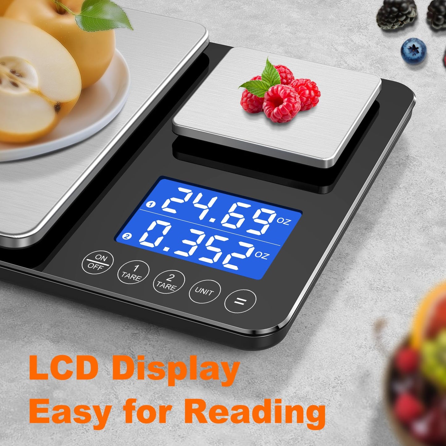 Food Scale, 15kg x 0.01g Digital Kitchen Scale Cooking and Baking, Dual Precision Food Weight Scale with Backlit LCD Display, Tare, Accumulation Function, 7 Units, Including 2 AAA Batteries