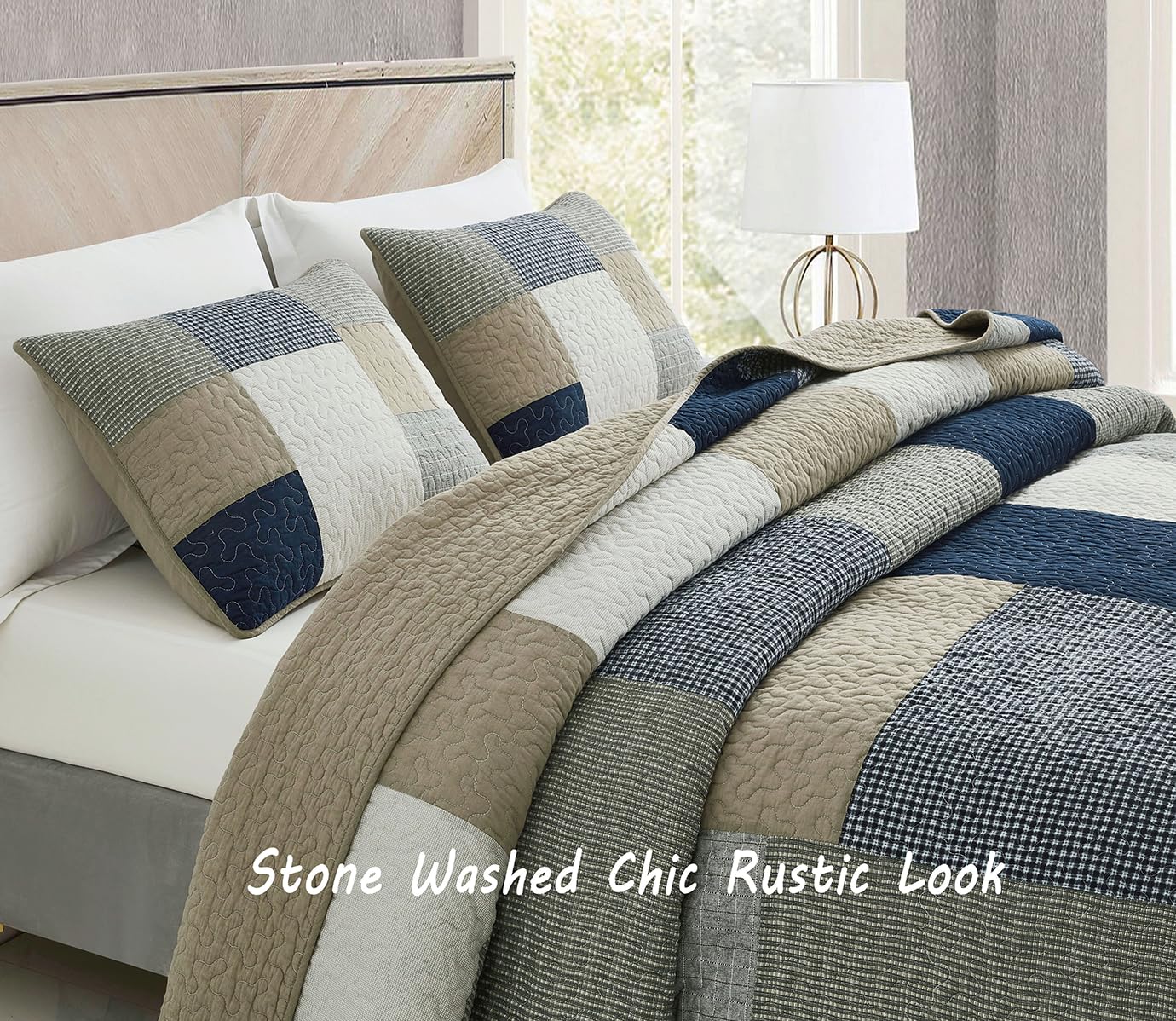 Chezmoi Collection Addy 3-Piece Navy Blue White Gray Taupe Plaid Patchwork Quilt Set - Pre-Washed Cotton Coverlet - Lightweight Reversible Bedspread, Queen Size