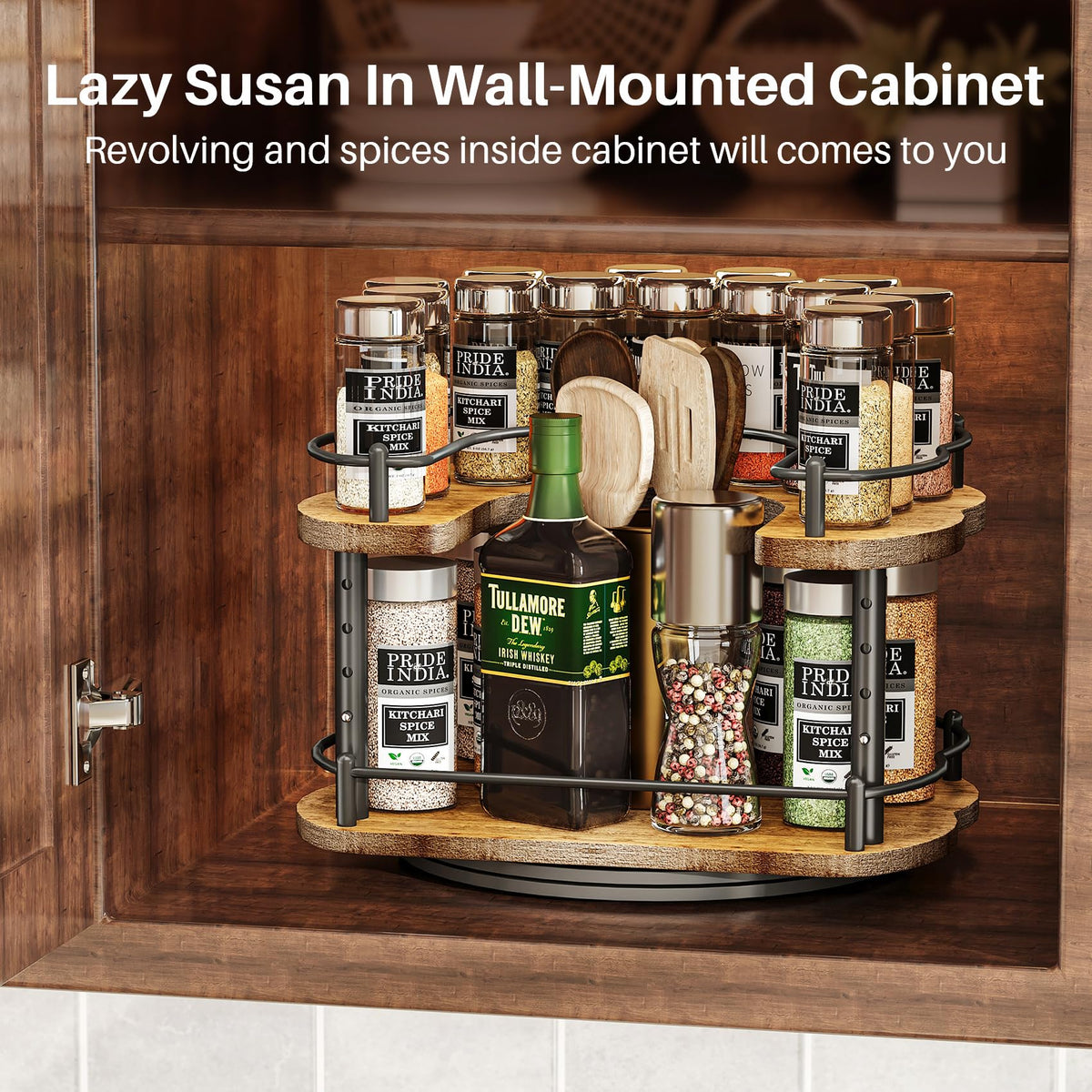 Lazy Susan Organizer Spice Rack - Spice Organization for Cabinet Height Adjustable Rotating Lazy Turntable, Pantry Kitchen Wood Revolving Seasoning Organizer (12 Inch)