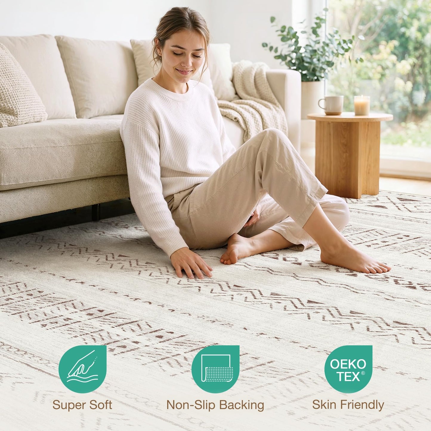 Area Rugs for Living Room Washable Living Room Rug Soft Neutral Indoor Floor Carpet Non-Slip Stain Resistant Modern Boho Rugs for Bedroom Dining Room Kids Room Nursery Office Home Brown