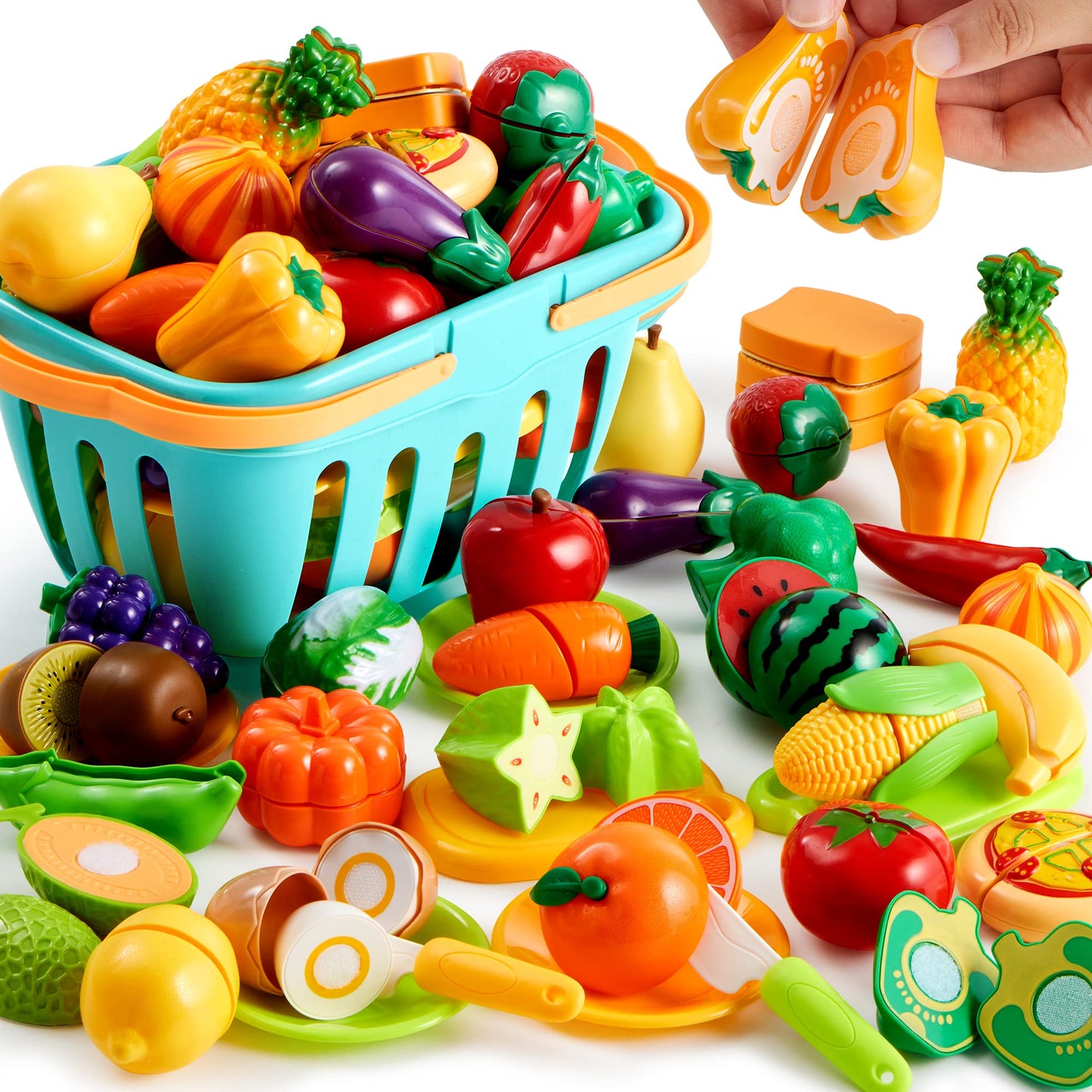 JOYIN 68Pcs Cutting Play Food Toy for Toddlers Kitchen, Fake Food for Kids Play Kitchen, Includes Plastic Fruit &Vegetables, Easter Basket, Mini Dishes and Knife, pretend role play Toys, Toddler Gifts
