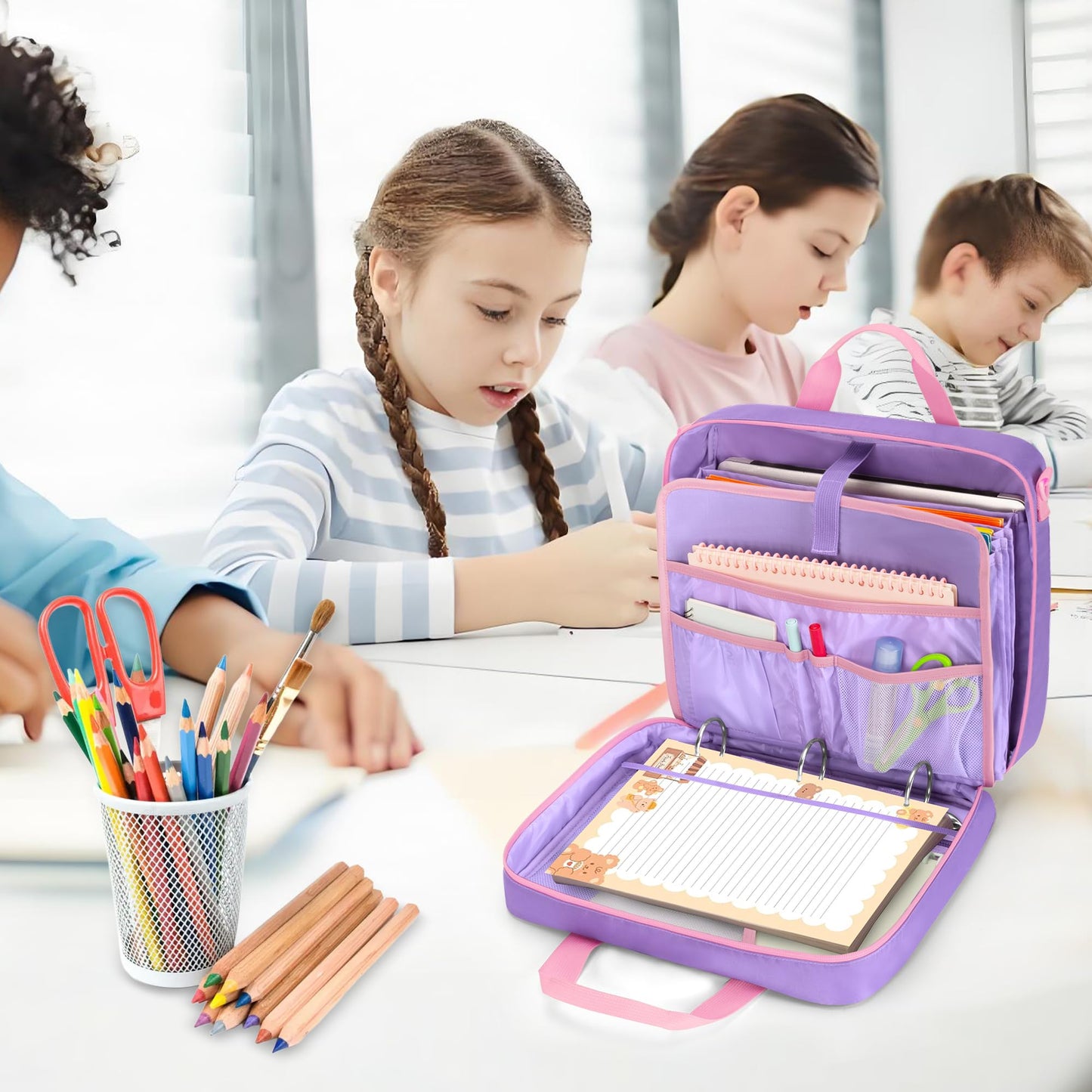 Yarwo File Organizer for Boys and Girls, 3 Ring Binder Holds 500 Sheets with 5 Expanding Files and Adjustable Strap, Large Zipper Binder Bag for Learning Tablet and Stationery, Purple (Bag Only)