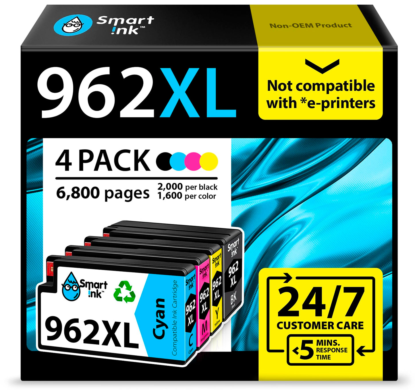 Smart Ink Compatible Ink Cartridges Replacement for HP 962 XL 962XL (Black & C/M/Y 4 Combo Pack) to use with Officejet Pro 9015 9010 9018 9022 9025 9020 9019 9013 9016 Officejet 9012 Printers