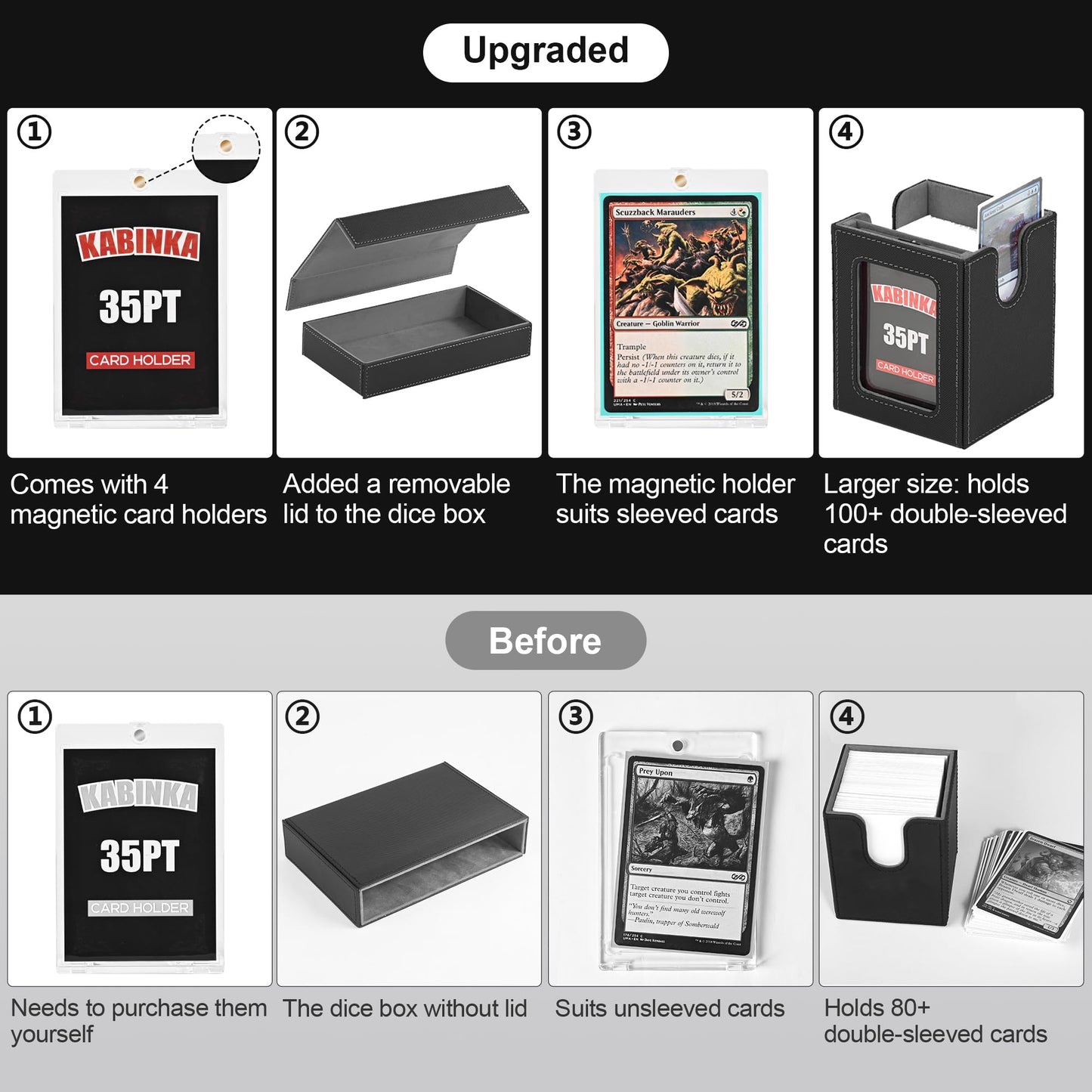 Card Deck Box for MTG with Commander Display, 5 in 1 Trading Card Storage Box Fits 400+ Double-sleeved Cards, Removable Deck Case for TCG/Sports Cards with Dice Tray, 4 Magnetic Card Holders (Black)