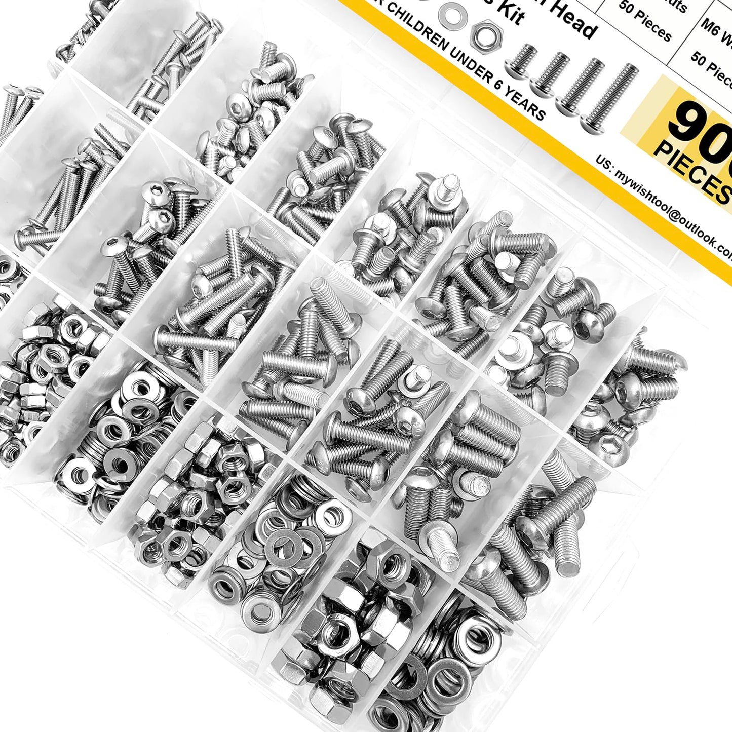 Mywish 900Pcs Metric Screw Assortment, M3 M4 M5 M6 Screw Assortment Kit 304 Stainless Steel Hex Socket Button Head Socket Cap Metric Screws Bolts & Flat Washers/Nuts/Hex Wrenches 16 Sizes 8MM to 20MM