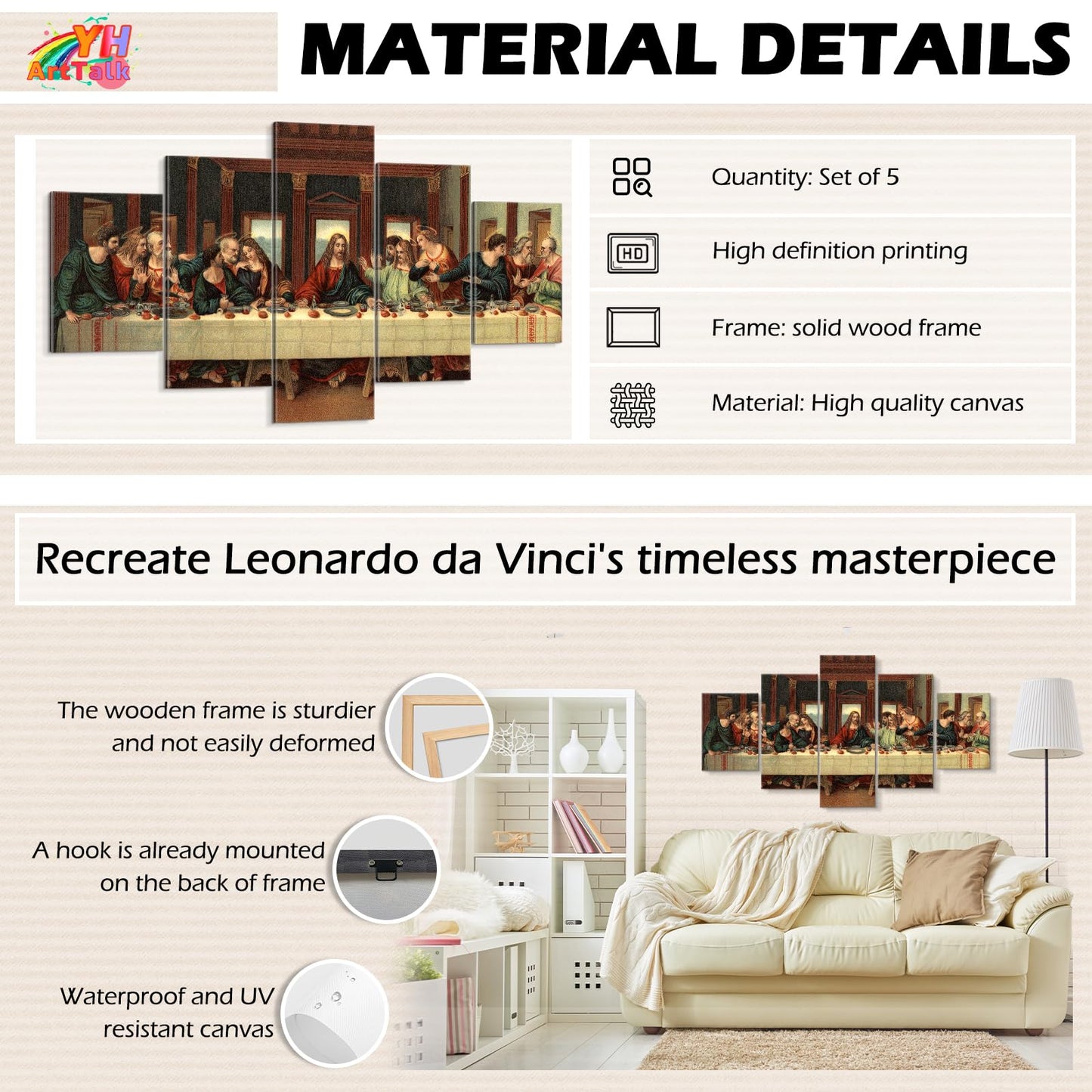 5 Piece Last Supper Wall Art Christian Wall Decor Jesus Posters Leonardo Da Vinci Dining Room Decor The Last Supper Painting for Bedroom Living Room Decor (50''W x 24''H)
