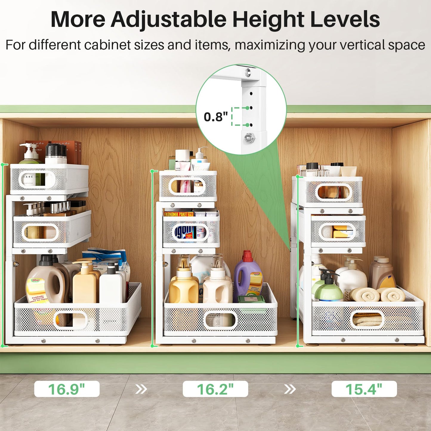 Kitstorack Under Sink Organizer, 1-Pack 3-Tier Height Adjustable Thickened Metal Pull Out Cabinet Organizer Shelf, Slide Out Storage Drawer Rack for Bathroom Kitchen Pantry Home Laundry Organization