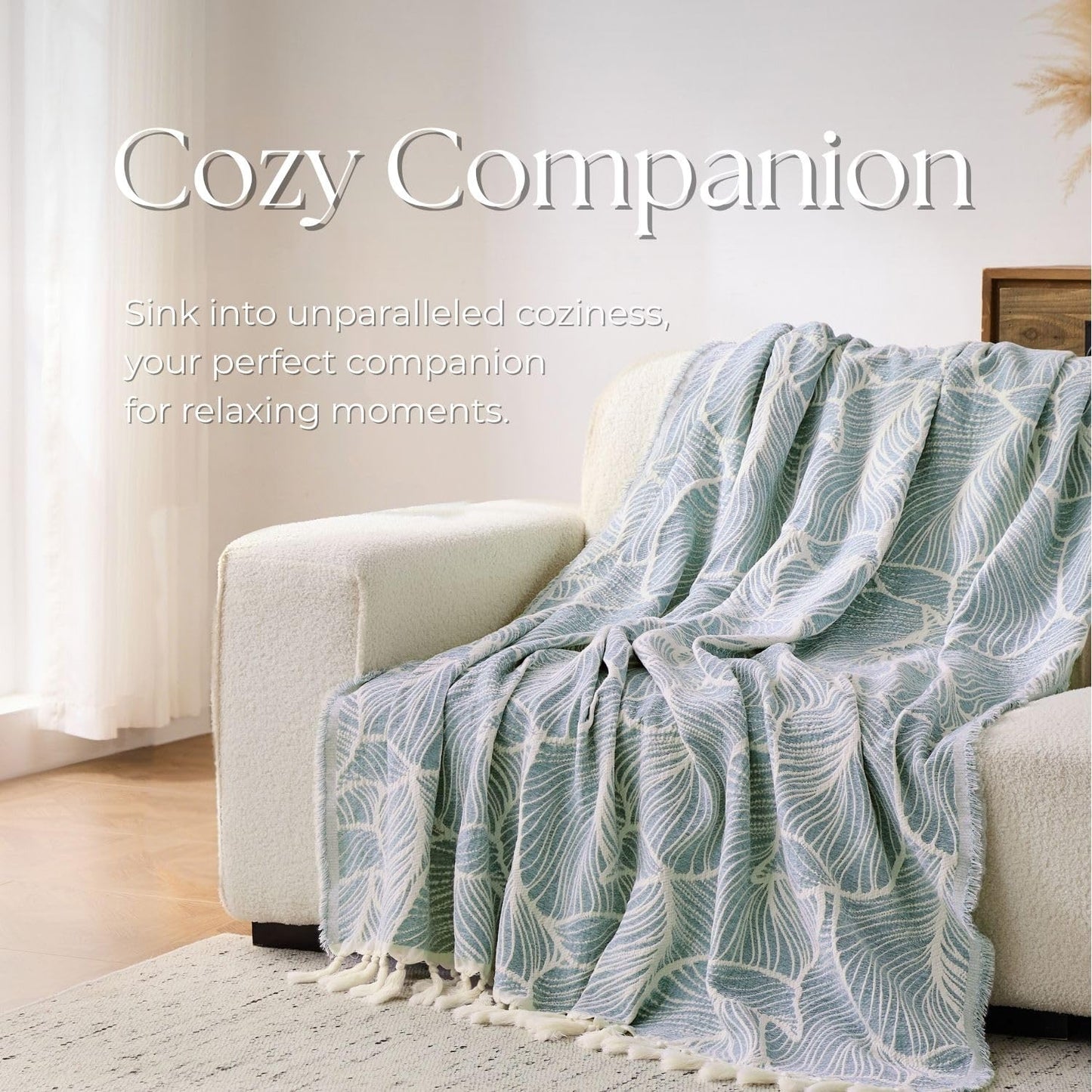 DOWN HOME Chenille Cotton Throw Blanket for Couch, Lightweight Boho Blanket for Bed Sofa Chair Living Room Outdoor Soft Woven Decorative Blanket with Tassel Gift Blue Leaves 55"x60"