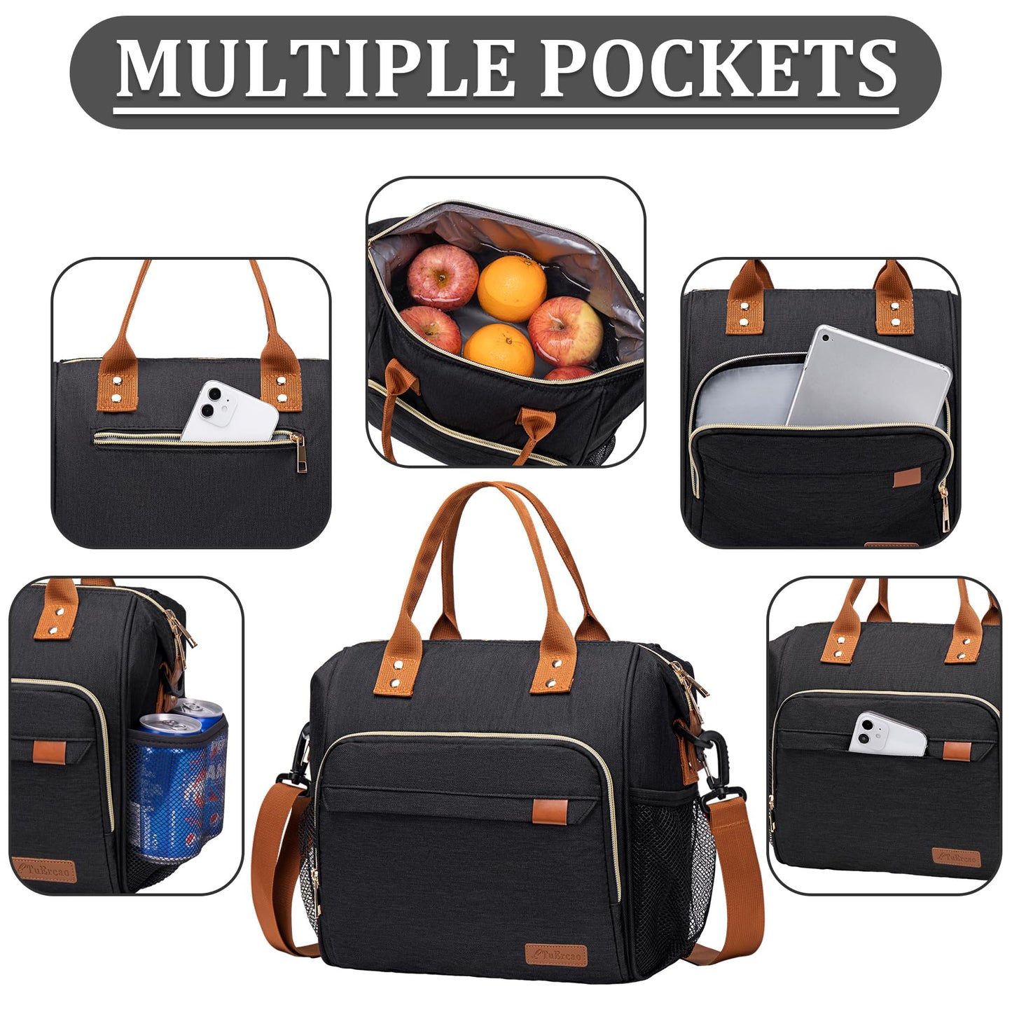 TuErcao Lunch Bags for Women- Boite a Lunch Reusable Adult Sac a Lunch, Black