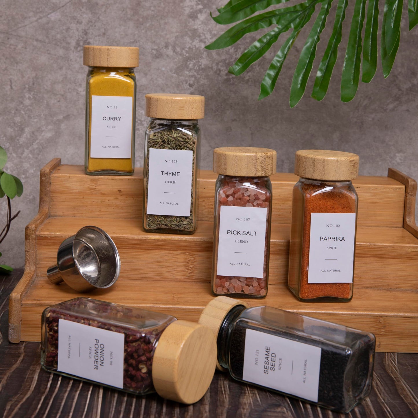 AOOEVAL 24 Pcs Spice Jars with Bamboo Lids and Spice Grinder,4 oz Glass Spice Organizer with 336 Spice Labels, Spice Funnel,Chalk and Brushes,Containers Bottles Great for Spice & Herb