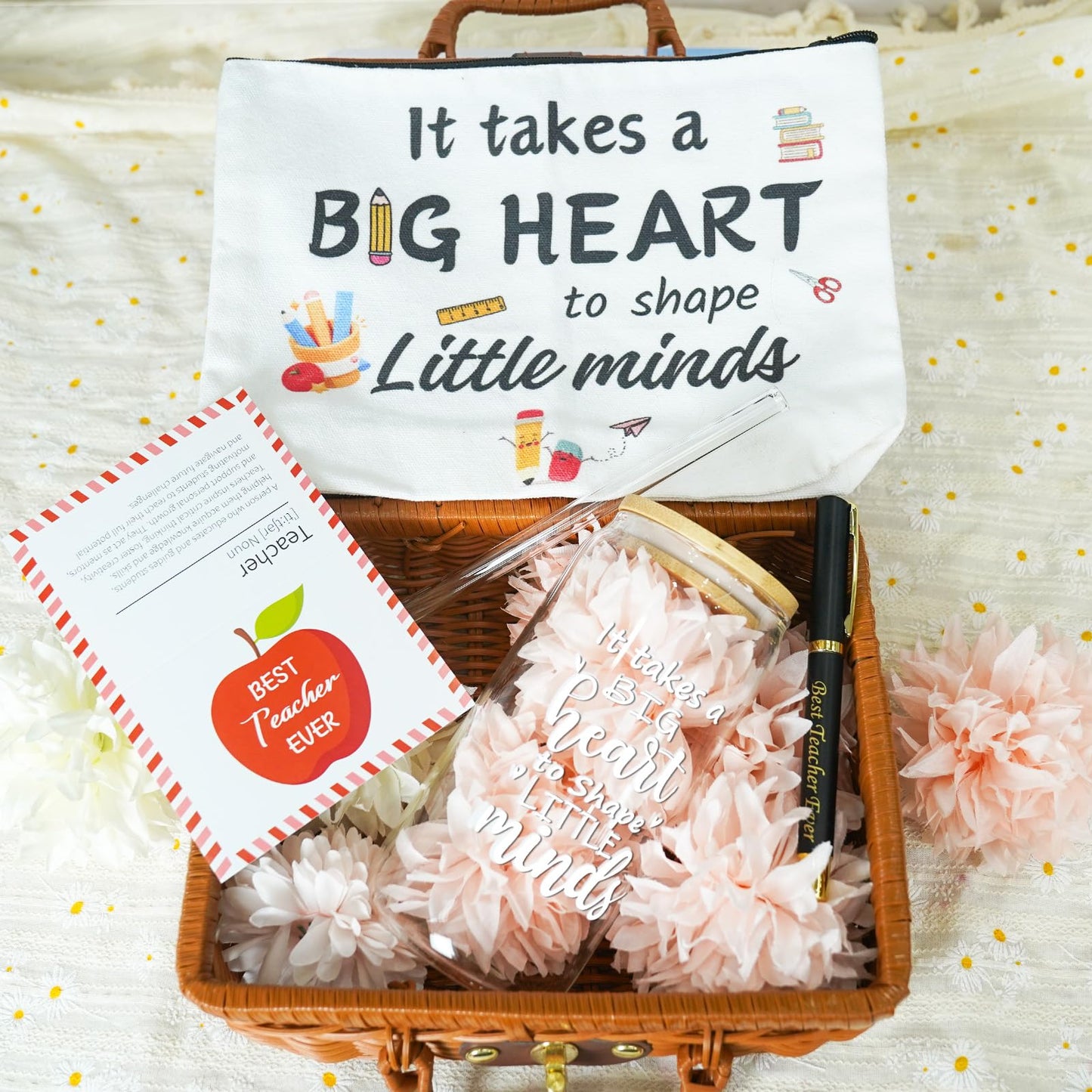 Teacher Appreciation Gifts in Bulk 4 Set– 24-Piece Set with 4 18oz Glass Cups, Bamboo Lids, Straws, Pens, Pouches & Thank You Cards – End of Year, Graduation, Back to School Gifts for Teachers
