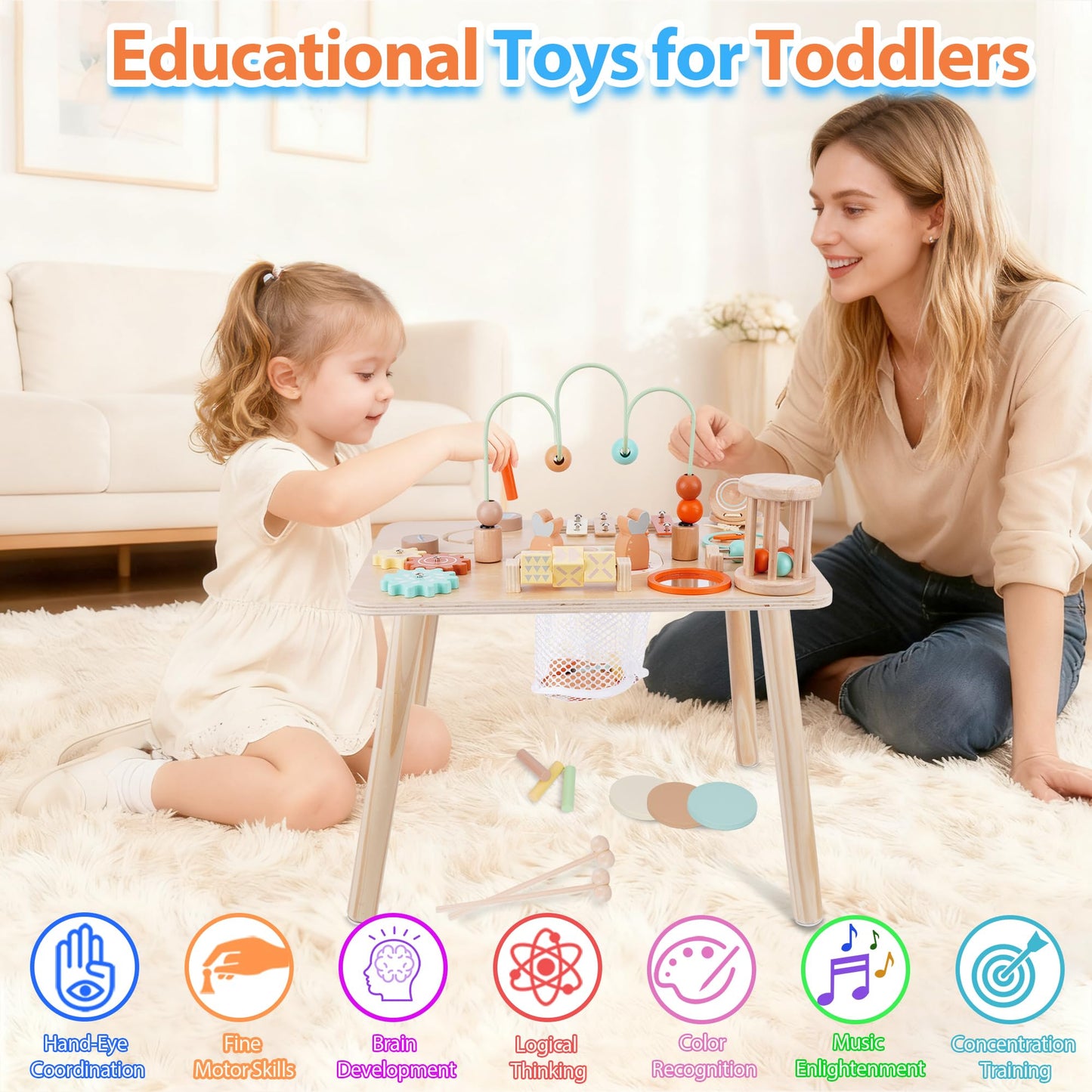 ATOYUS Activity Table, Montessori Toys for 1 2 Year Old Boys Girls Kid, 13 in 1 Wooden Sensory Play Table for Toddler 1-3, Educational Learning Toy for 12-18 Months Baby, 1st Christmas Birthday Gifts