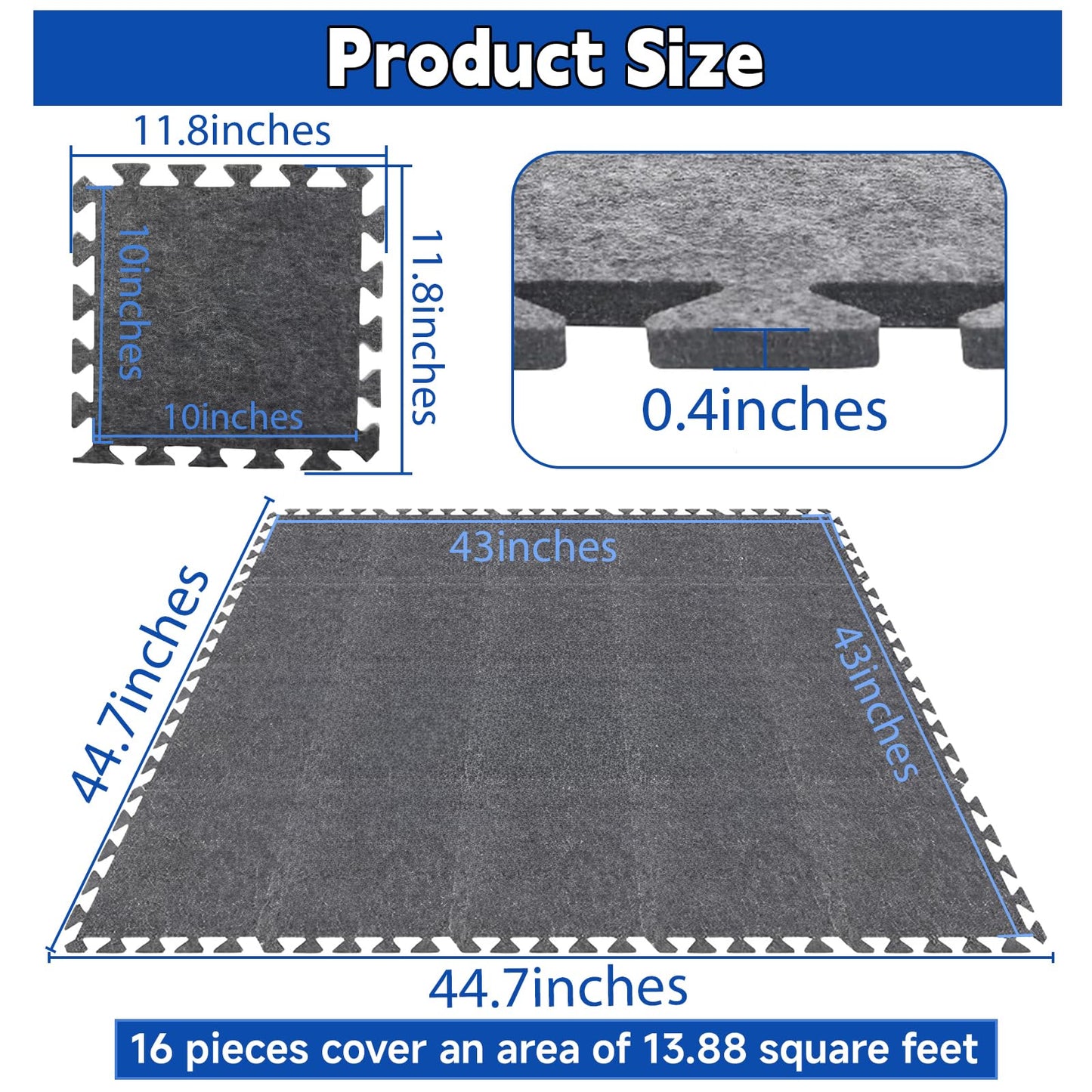 16 Pcs Thick Sound Absorbing Interlocking Floor Mats, 11"x11"x0.4" High Density Non-Slip Anti-Vibration Rug for Music Studio, Drum & Piano Room - Grey