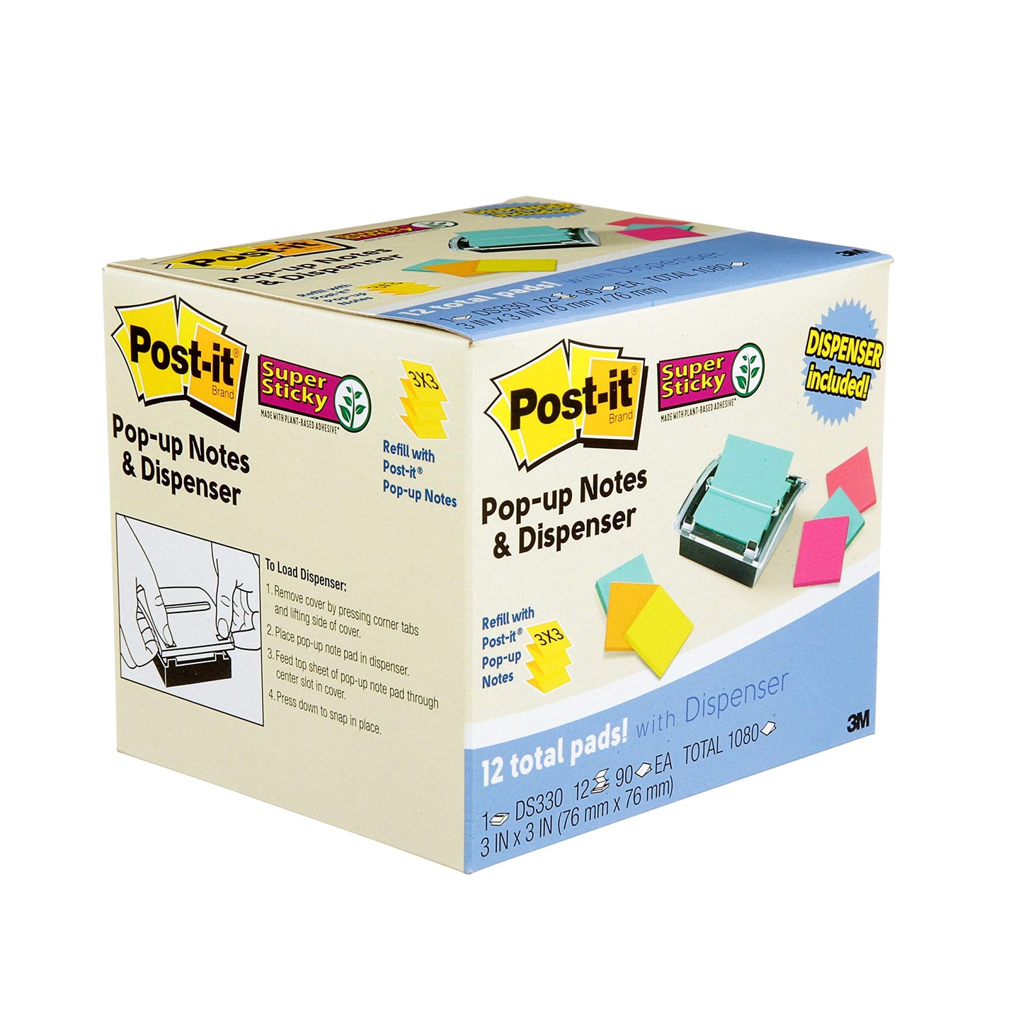 Post-It Notes Dispenser for 3" x 3" Sticky Notes, Includes 12 Pads Super Sticky Notes