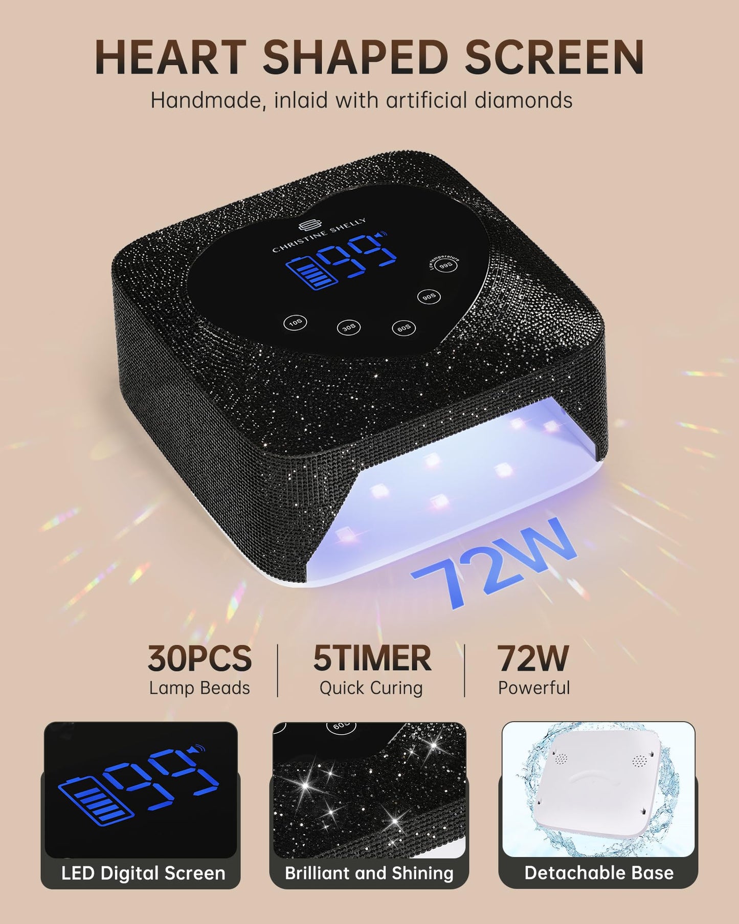 CHRISTINE SHELLY UV LED Nail Lamp 72W Rechargeable Sparkly Wireless Nail Dryer Gel Polish Light with 5 Timer Setting Professional Quick Dry Curing Lamp with Display Auto Sensor for Salon & Home, Black