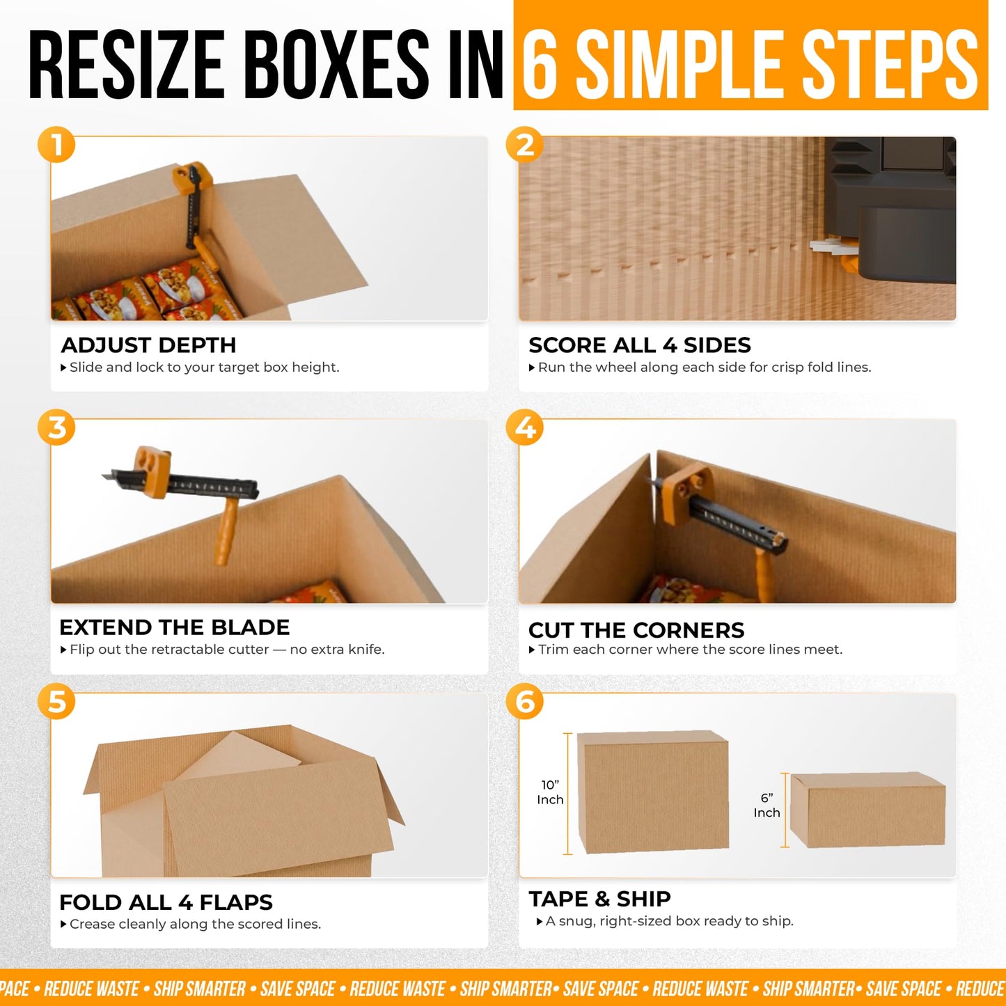 All-in-One Box Resizer Tool with Scoring Wheel & Built-In Cutter | Adjustable Depth Guide for Cardboard Box Right-Sizing | Reduce Shipping Costs & Packaging Waste