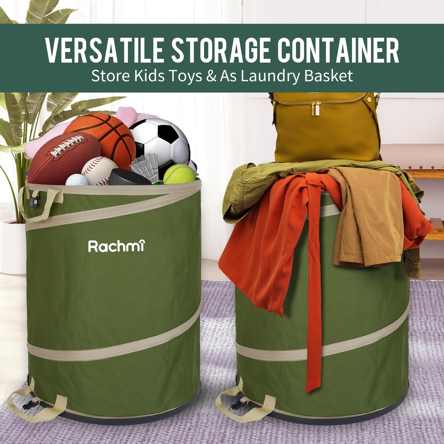 Rachmi 47 Gallon Collapsible Pop Up Trash Can with Hard Bottom 2-Pack | Reusable Outdoor Garden Waste Bag Yard Leaf Basket Recycle Bin for Party Camping | Large Toys Balls Storage Container, Green