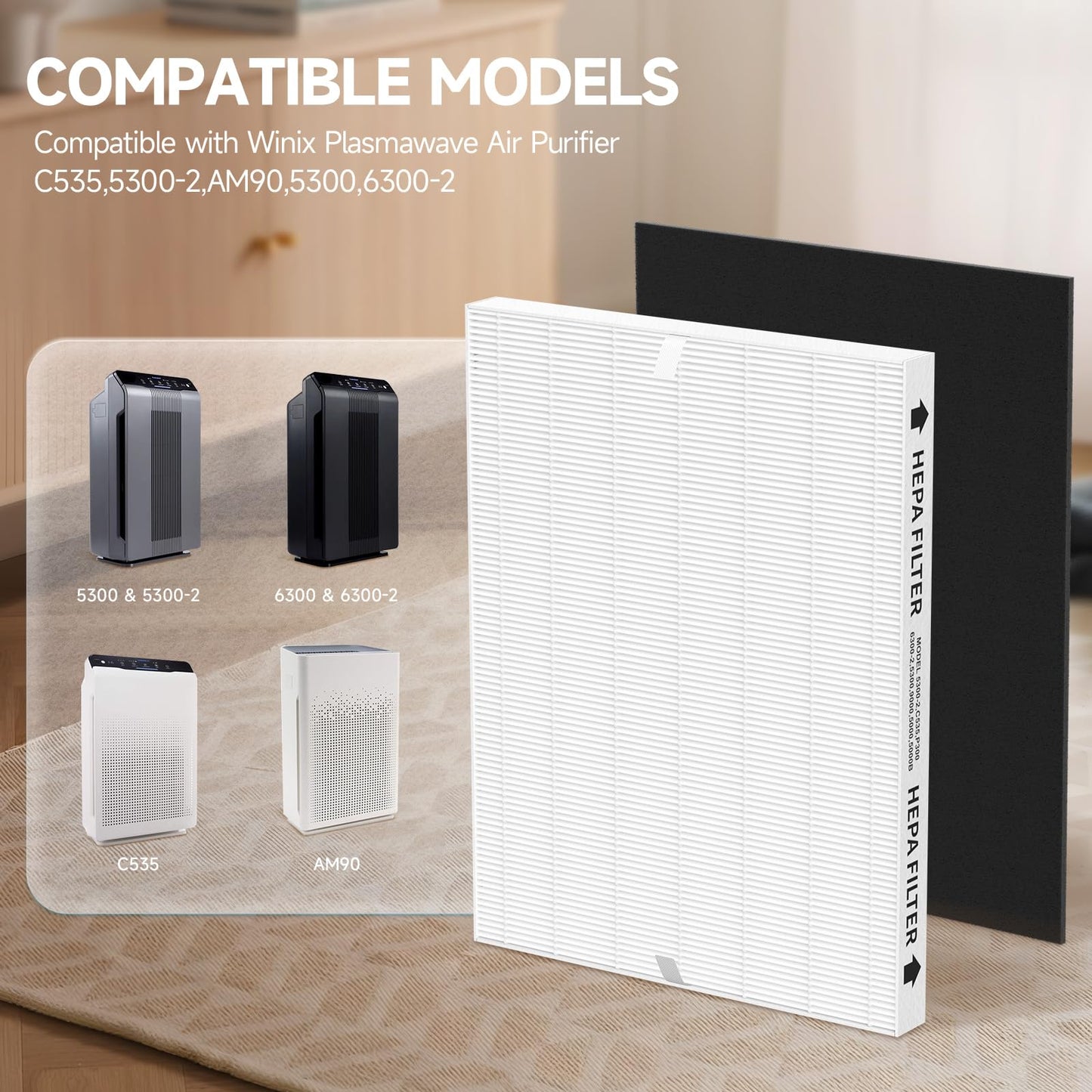 115115 Replacement Filter A Compatible with Winix Plasmawave Air Purifier C535 5300 5300-2 6300 6300-2 P300, 4 x True HEPA Filters + 4 x Carbon Pre-Filters