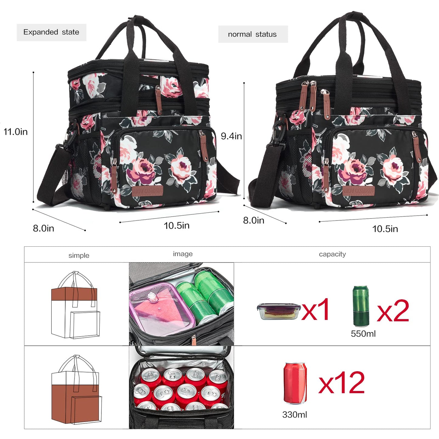Lunch Bag Women Flower Insulated Lunch Box for Work, Expandable Large Lunch Bag, Leakproof Double Deck Lunch Box Cooler Bag with Removable Shoulder Strap（Flower）