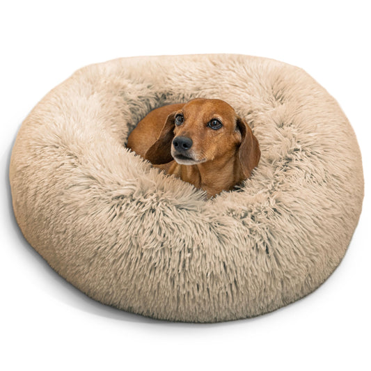 Best Friends by Sheri The Original Calming Donut Dog and Cat Bed in Shag Fur, Taupe, Small, 23x23