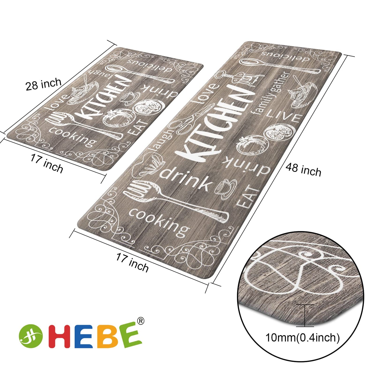 HEBE Anti Fatigue Mat Kitchen Rug Set 2, Kitchen Mats for Floor, Non Slip Waterproof Cushioned Kitchen Floor Mat, Ergonomic Comfort Standing Mat for Home,Office,Sink, Desk,17.3"x28"+17.3"x48"