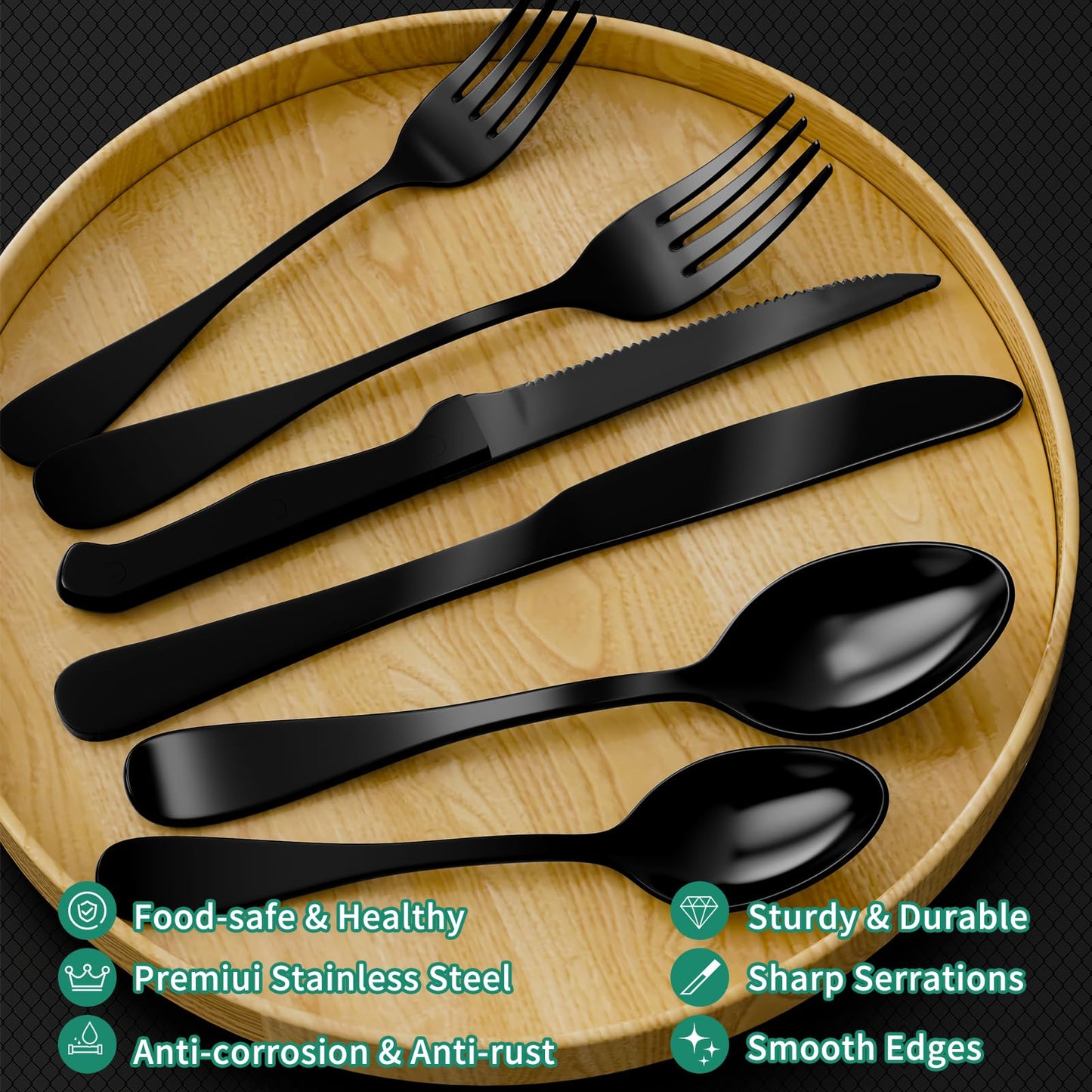 49-Piece Black Silverware Set with Drawer Organizer, Stainless Steel Cutlery for 8 with Matte Steak Knives, Forks, Spoons