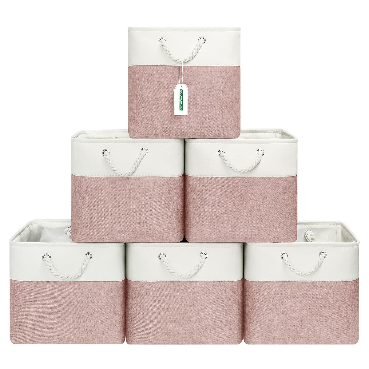 ECDYQXVU 13x13 Inch Cube Storage Bins with Reinforced Bottom Cardboard, 6 Pack Large Foldable Fabric Storage Cubes with Handles for Shelf, Closet, Laundry Organization (White&Pink)