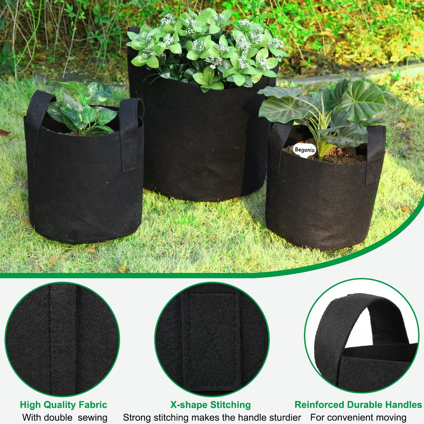 JERIA 12-Pack 10 Gallon, Vegetable/Flower/Plant Grow Bags, Aeration Fabric Pots with Handles (Black)
