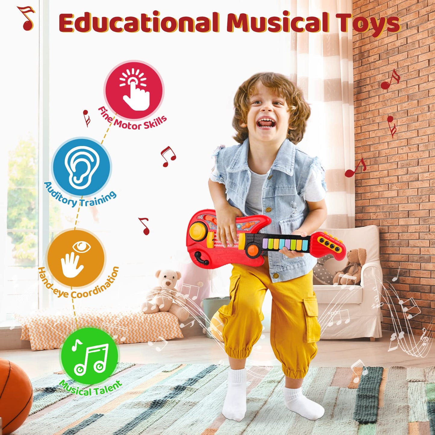 Kids Guitar 2 in 1 Musical Instruments for Kid Piano Toddler Toy Guitar with Strap Electric Guitars Music Toys for 3 4 5 Year Old Boys Girls Birthday (Red)