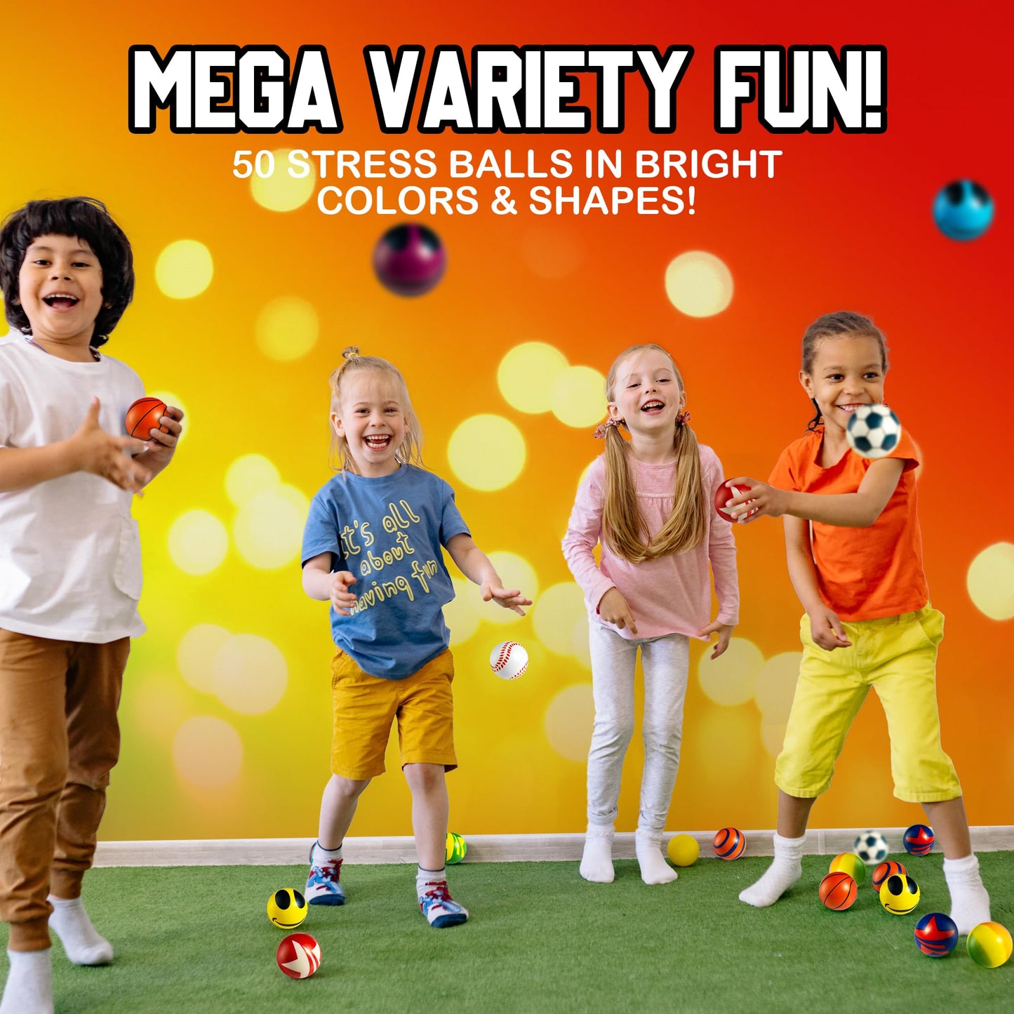 50 Mini Stress Balls Assortment - Bulk 2 Inch Soft Toy Variety Pack Stress Relief Balls, Squeezable Sensory Fidget Balls for Kids, Party Favors, Birthday Gifts for Boys & Girls